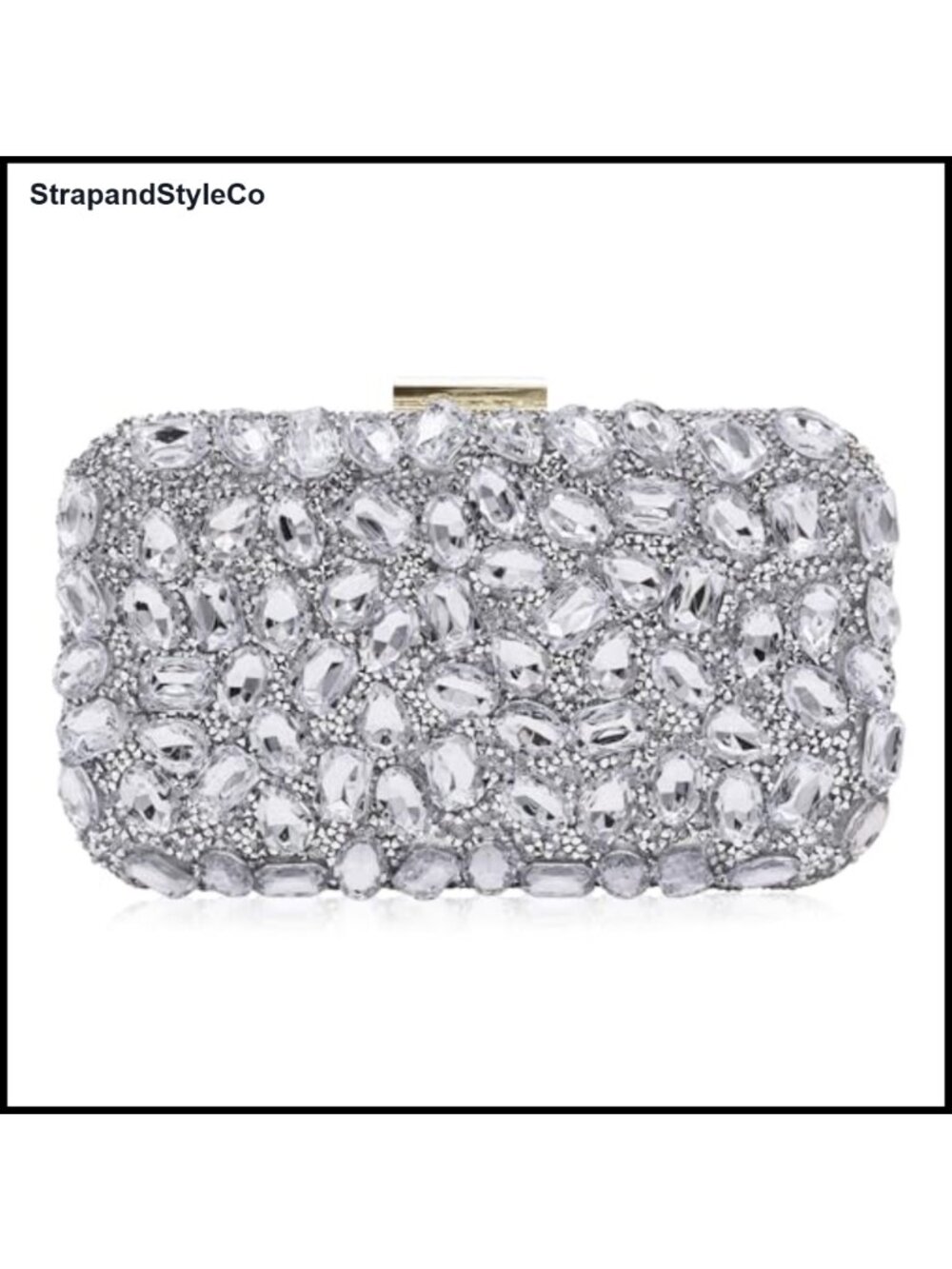 Crystal Gemstone Evening Clutch with Gold Metal Frame & Chain Strap